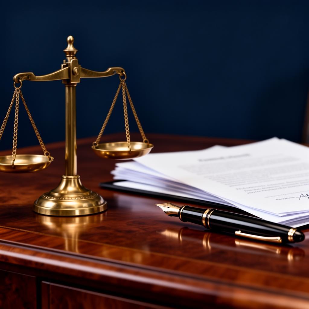 Brass scales of justice and fountain pen on a polished mahogany desk
